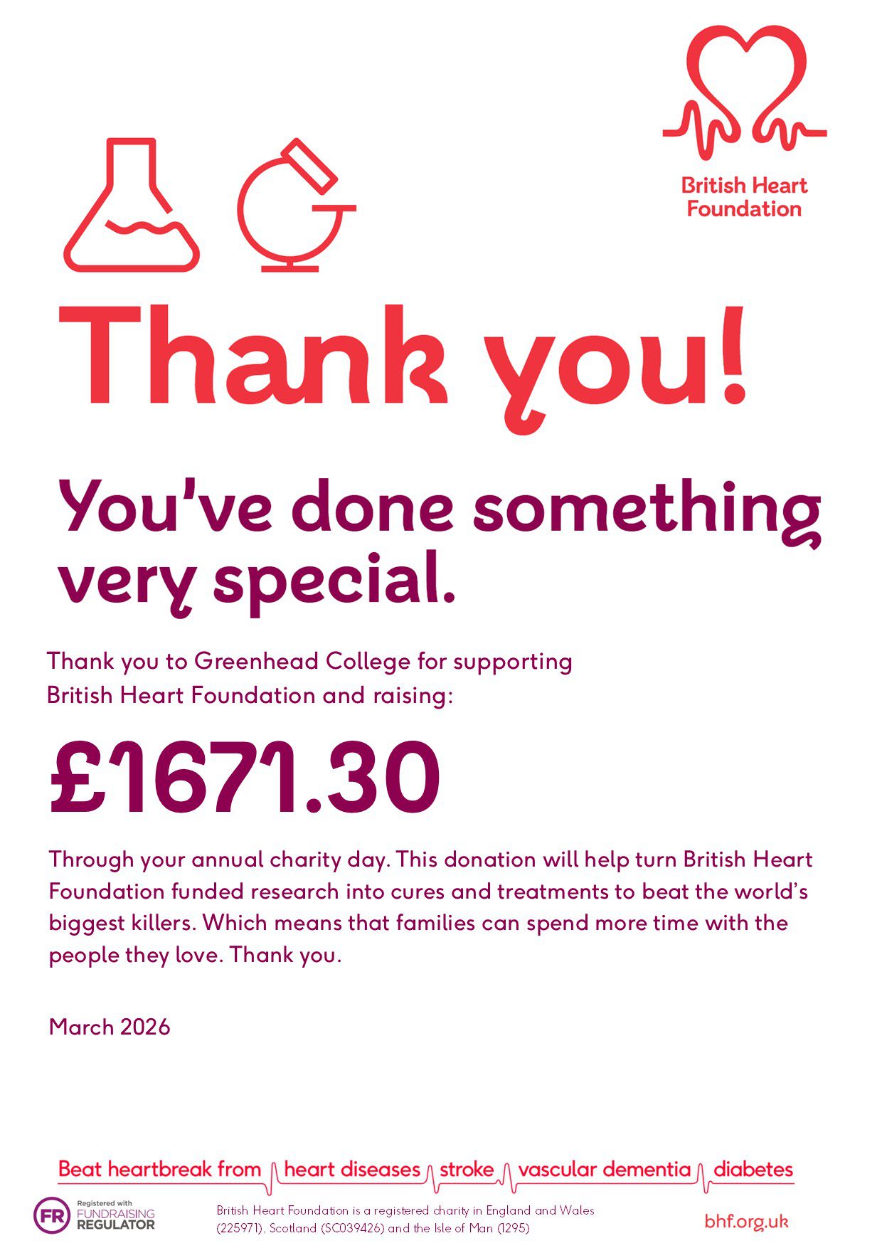 College Community Raises Over £1,600 for the British Heart Foundation